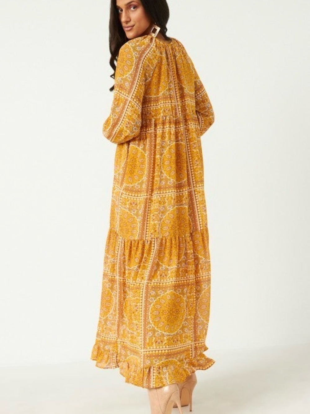Hayden Mustard Yellow Printed Tiered Maxi Dress